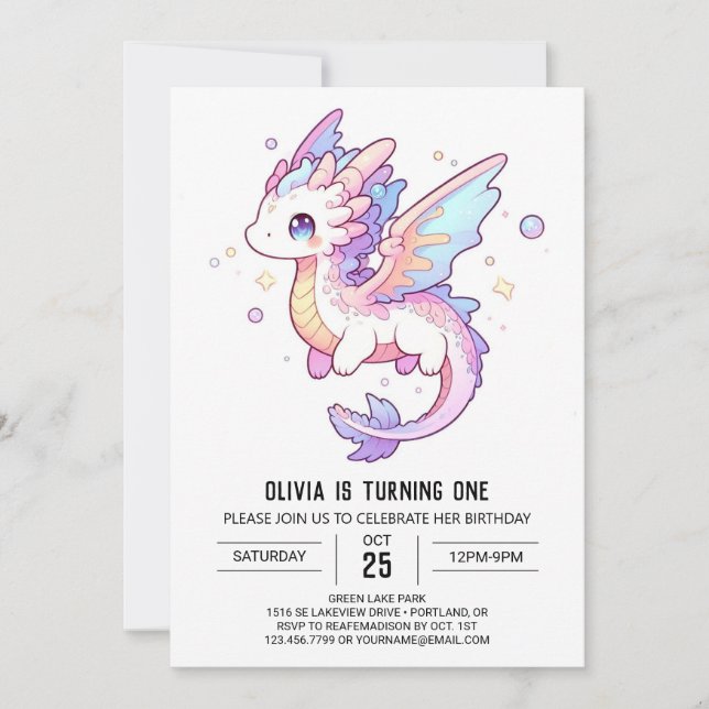 Whimsical Pastel Dragon 1. Geburtstag Einladung (Vorderseite)