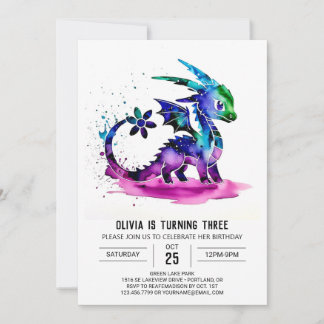 Whimsical Pastel Dragon Digital Girl zum Geburtsta Einladung
