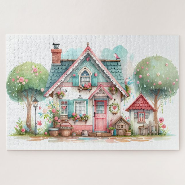 Whimsical Pastel Fairy Tale Hütte Puzzle (Horizontal)