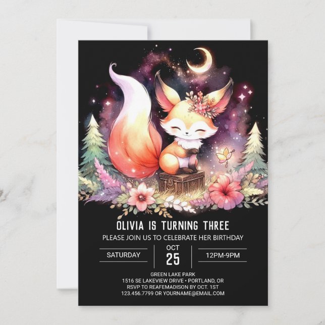 Whimsical Pastel Fox Geburtstag digital Einladung (Vorderseite)