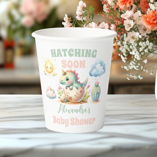 Whimsical Pastel Hatching Bald Dino Baby Dusche Pappbecher (Von Creator hochgeladen)