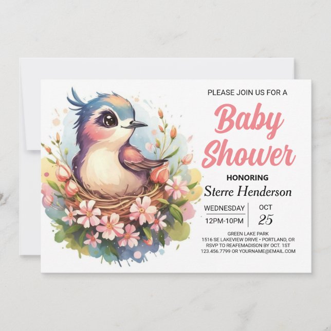 Whimsical Pastel Pink Bird Baby Dusche Einladung (Vorderseite)