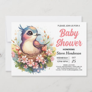 Whimsical Pastel Pink Bird Baby Dusche Einladung