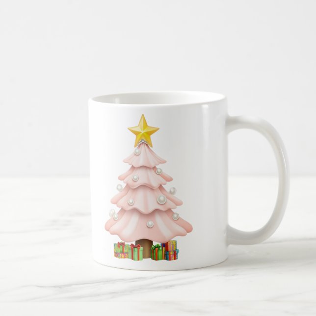 Whimsical Pastel Pink Weihnachtsbaum mit Schachtel Kaffeetasse (Rechts)