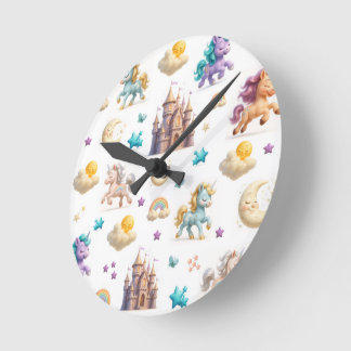 Whimsical Pastel Unicorns und Burgen Fantasy Runde Wanduhr