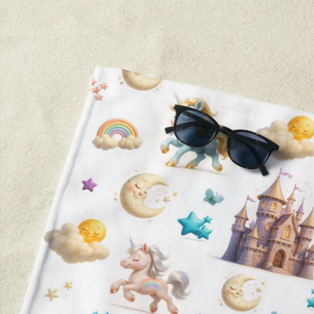 Whimsical Pastel Unicorns und Burgen Fantasy Strandtuch (Beispiel)