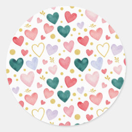 Whimsical Pastel Watercolor Hearts & Gold Leaf Runder Aufkleber