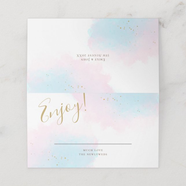 Whimsical Pastel Watercolor Pink Blue Gold Wedding Platzkarte (Außenseite Aufgefaltet)