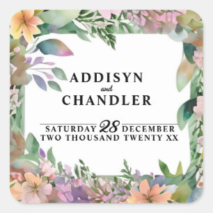 Whimsical Pastel Watercolor Wildblume Hochzeit Quadratischer Aufkleber