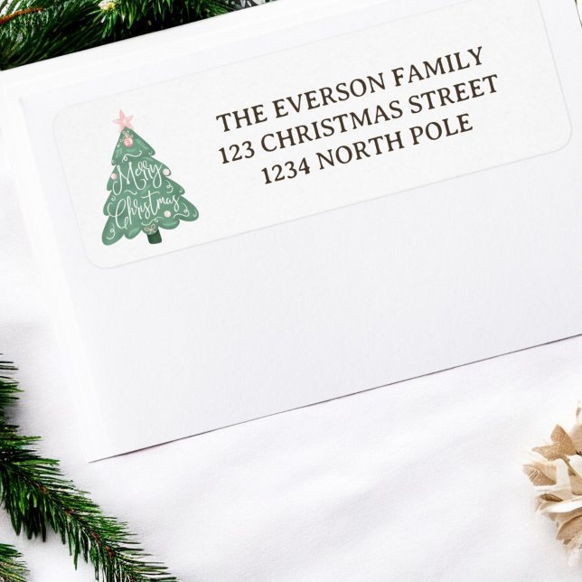 Whimsical pastellrosa grüne Weihnachtsbaum (Whimsical pastel pink green merry christmas tree label)