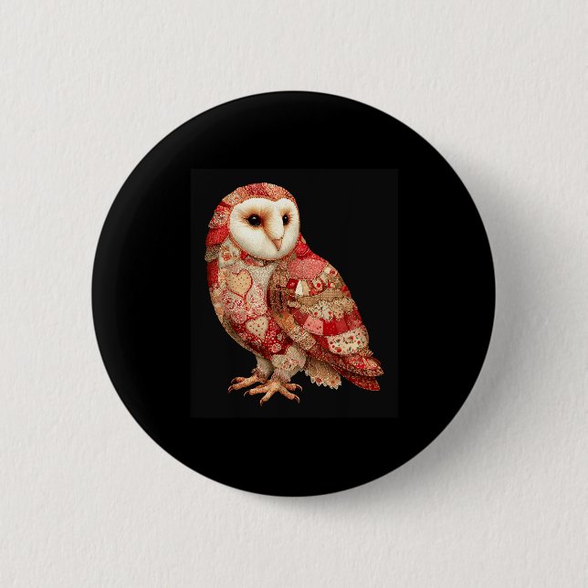 Whimsical Patchwork Owl With Hearts Pattern  Button (Vorderseite)