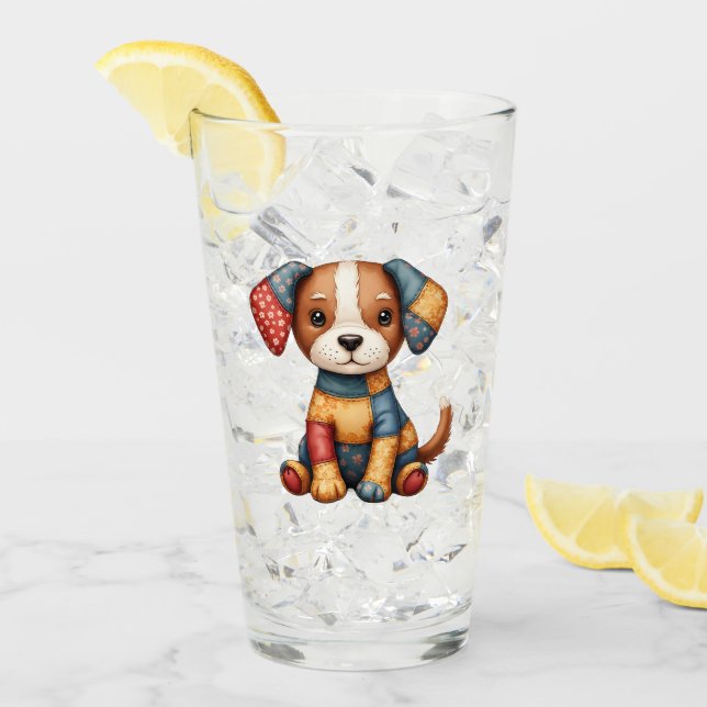 Whimsical Patchwork Puppy Folk Art Cottage Glas (Vorderseite Ice)