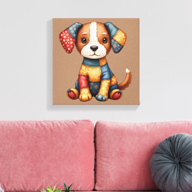 Whimsical Patchwork Puppy Folk Art Cottage Leinwanddruck (Insitu (Wohnzimmer))