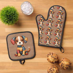 Whimsical Patchwork Puppy Folk Art Cottage Ofenhandschuh & Topflappen-Set