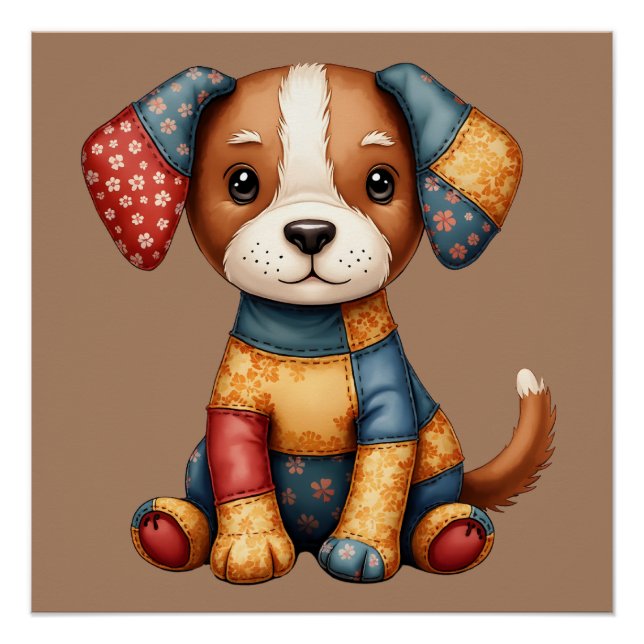 Whimsical Patchwork Puppy Folk Art Cottage Poster (Vorderseite)