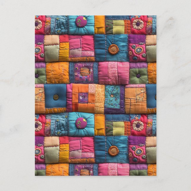 Whimsical Patchwork Quilt Pattern: farbiges Design Postkarte (Vorderseite)
