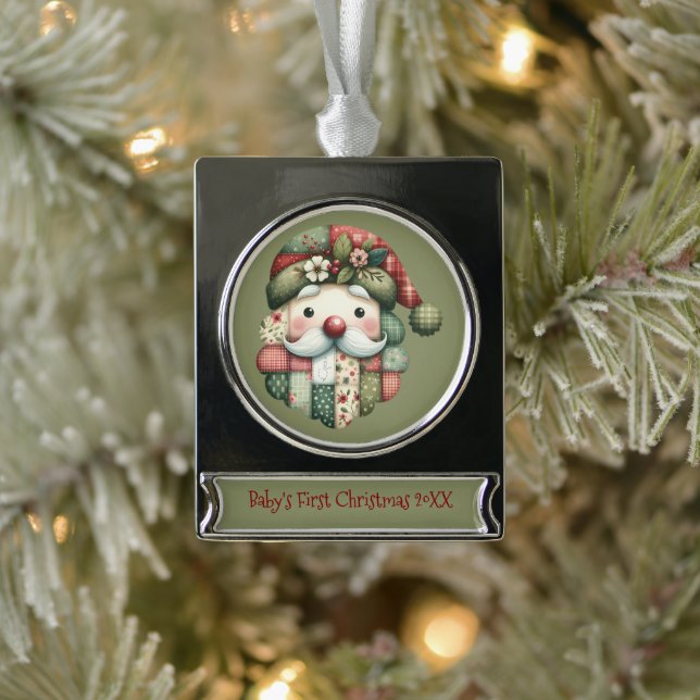 Whimsical Patchwork Santa Folk Christmas Banner-Ornament Silber (Baum)