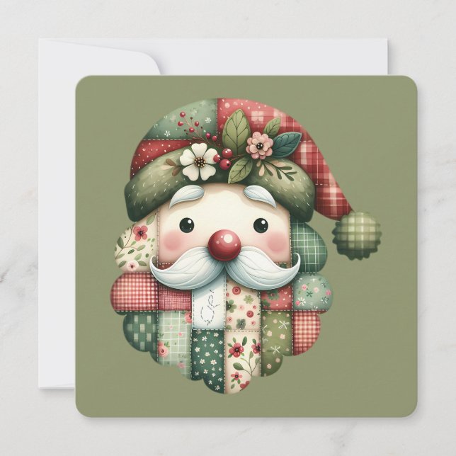 Whimsical Patchwork Santa Folk Christmas Flat Card (Vorderseite)