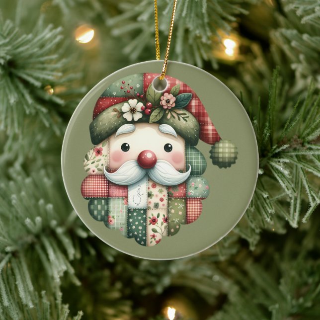 Whimsical Patchwork Santa Folk Christmas Keramik Ornament (Baum)
