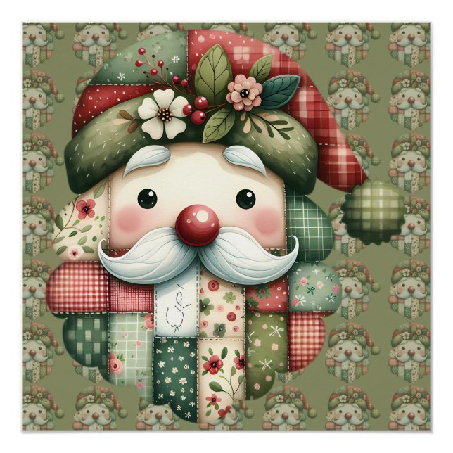 Whimsical Patchwork Santa Folk Christmas Poster (Vorderseite)