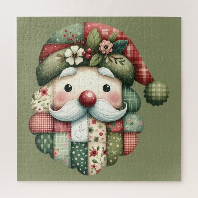 Whimsical Patchwork Santa Folk Christmas Puzzle (Vertikal)