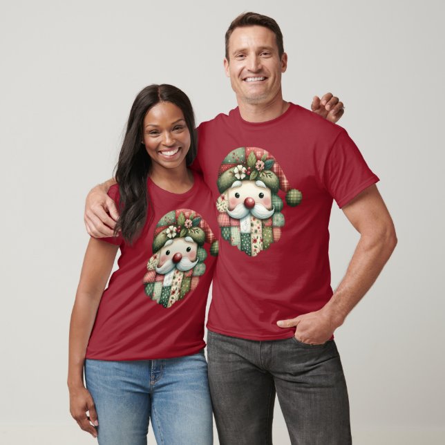 Whimsical Patchwork Santa Folk Christmas T-Shirt (Unisex)
