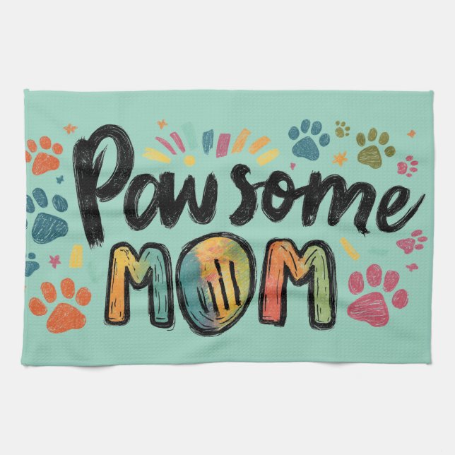 Whimsical "Pawsome MAMA" Graphic with Colorful Paw Geschirrtuch (Horizontal)