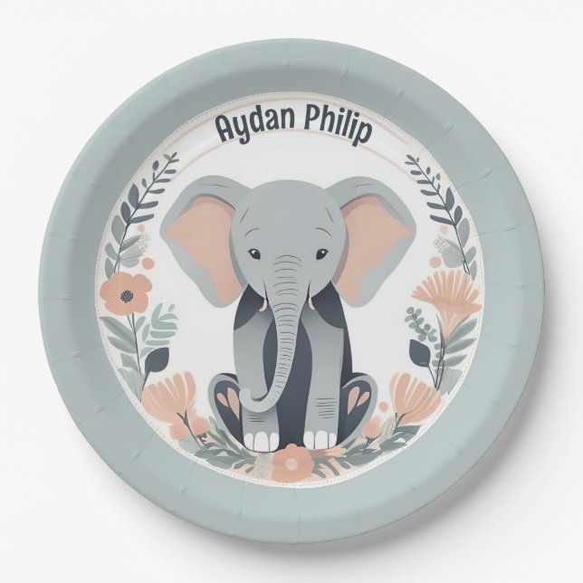 Whimsical Peach & Gray Baby Elephant Pappteller (Vorderseite)