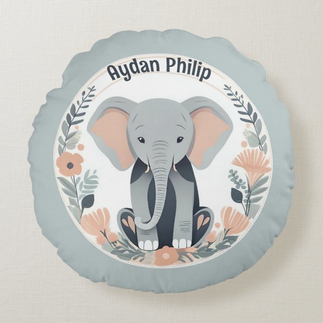 Whimsical Peach & Gray Baby Elephant Rundes Kissen (Vorderseite)