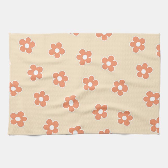 Whimsical Peach & Orange Floral Retro, fröhlich Geschirrtuch (Horizontal)