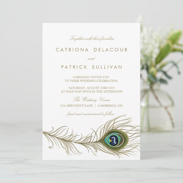 Whimsical Peacock Feather Art Deco Wedding Einladung (Stehend Vorderseite)