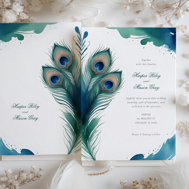 Whimsical Peacock Feather Watercolor Wedding Einladung (Von Creator hochgeladen)