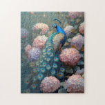 Whimsical Peacock Pink Hydrangea Blume Puzzle<br><div class="desc">Ein anmutiger Pfau,  eingebettet zwischen weich rosa Hydrangea blüht. Der pulsierende Absturz und die romantischen Blumen harmonieren wunderbar und schaffen ein bezauberndes Design.</div>