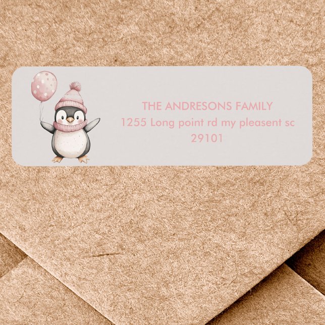 Whimsical Penguin Birthday Label | Vintag rosa (Von Creator hochgeladen)