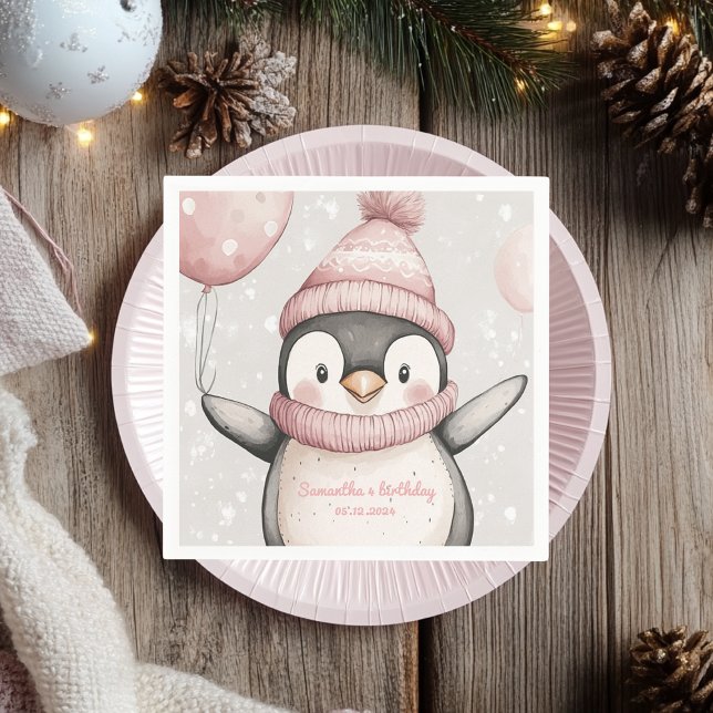 Whimsical Penguin Birthday Napkin | Vintag rosa Serviette (Von Creator hochgeladen)