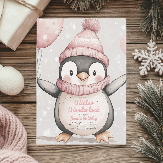 Whimsical Penguin Birthday | Vintag rosa Einladung (Von Creator hochgeladen)