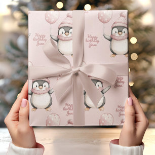Whimsical Penguin Birthday   Vintag rosa Geschenkpapier
