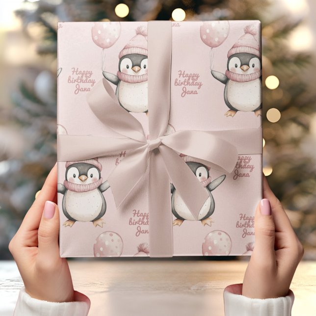 Whimsical Penguin Birthday | Vintag rosa Geschenkpapier (Von Creator hochgeladen)