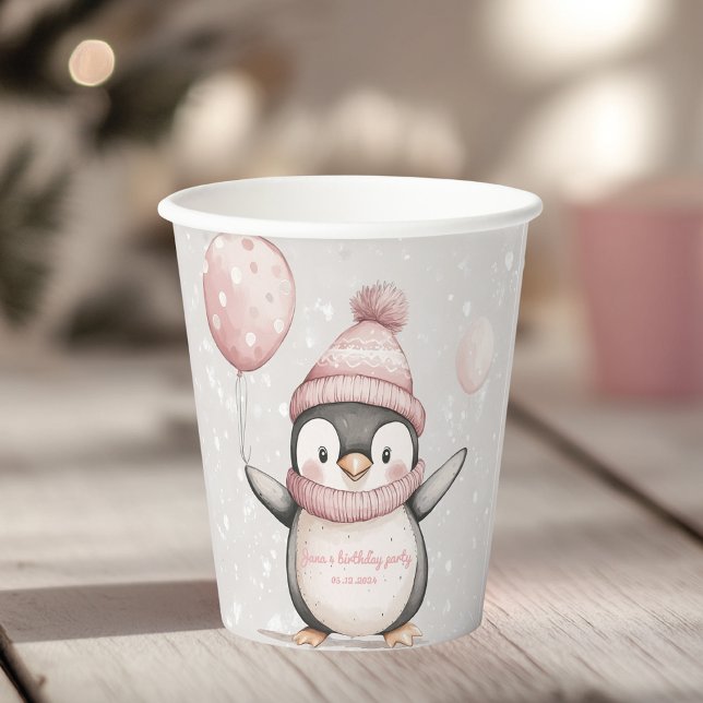 Whimsical Penguin Birthday | Vintag rosa Pappbecher (Von Creator hochgeladen)