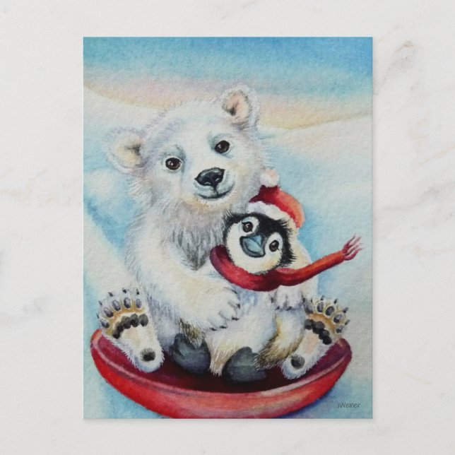 Whimsical Penguin & Polar Bären Wasserfarben Kunst Postkarte (Vorderseite)