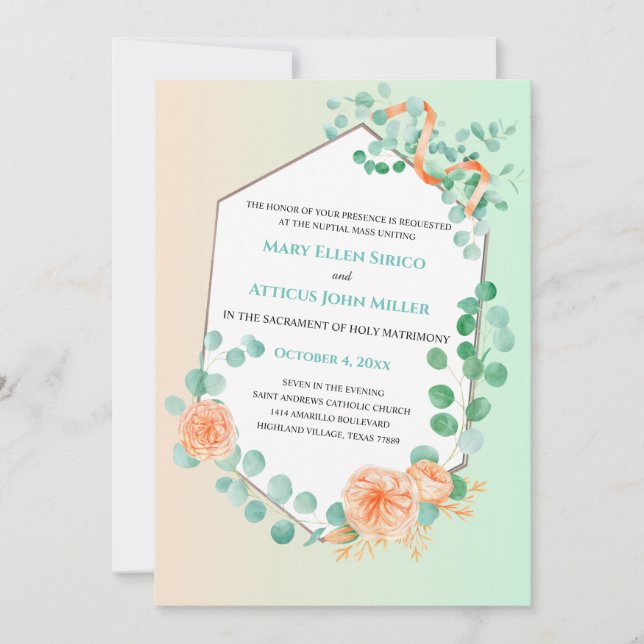 Whimsical Pfirsich Green Nuptial Mass Einladung (Vorderseite)
