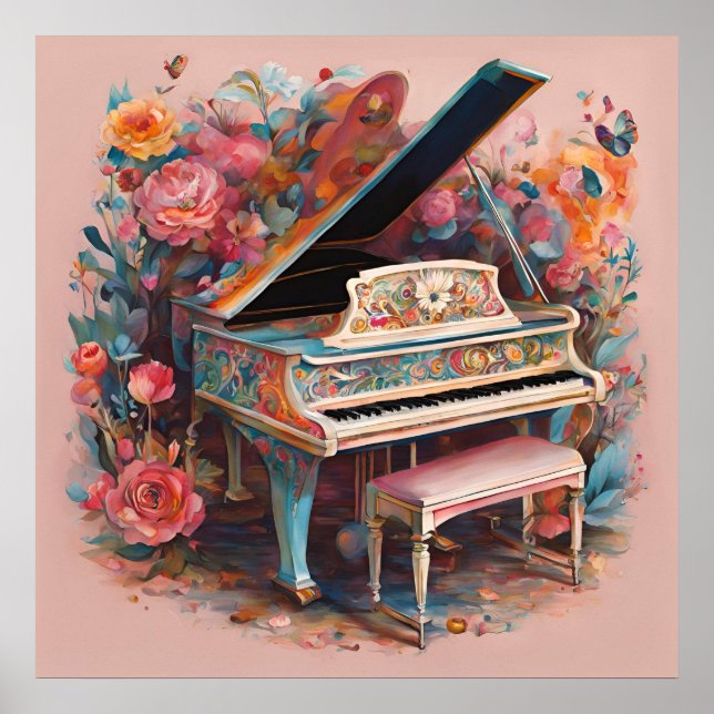 Whimsical Piano in Bloom Poster (Vorne)