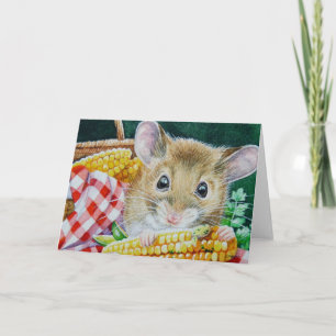 Whimsical Picnic Mouse Eating Cornflora Art Karte