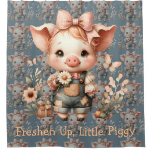 Whimsical Piglet in Pastel-Overalls Blau Duschvorhang
