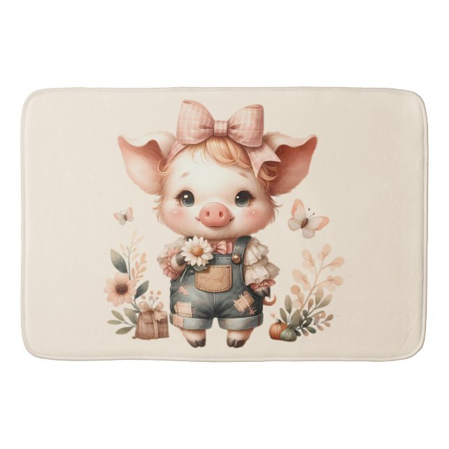 Whimsical Piglet in Pastel Overalls Peach Badematte (Vorderseite)