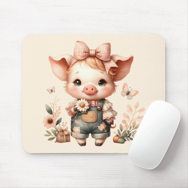 Whimsical Piglet in Pastel Overalls Peach Mousepad (Mit Mouse)