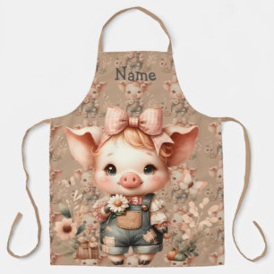 Whimsical Piglet in Pastell-Overall Braun Schürze