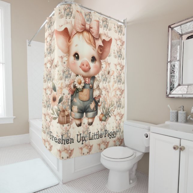 Whimsical Piglet in Pastell-Overalls Duschvorhang (Beispiel)