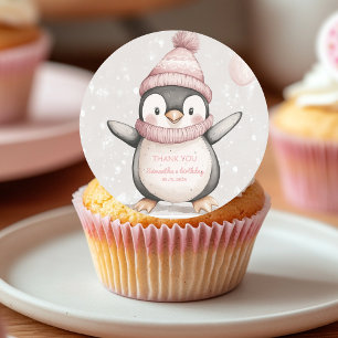 Whimsical Pinguin Birthday Danke Pink Runder Aufkleber