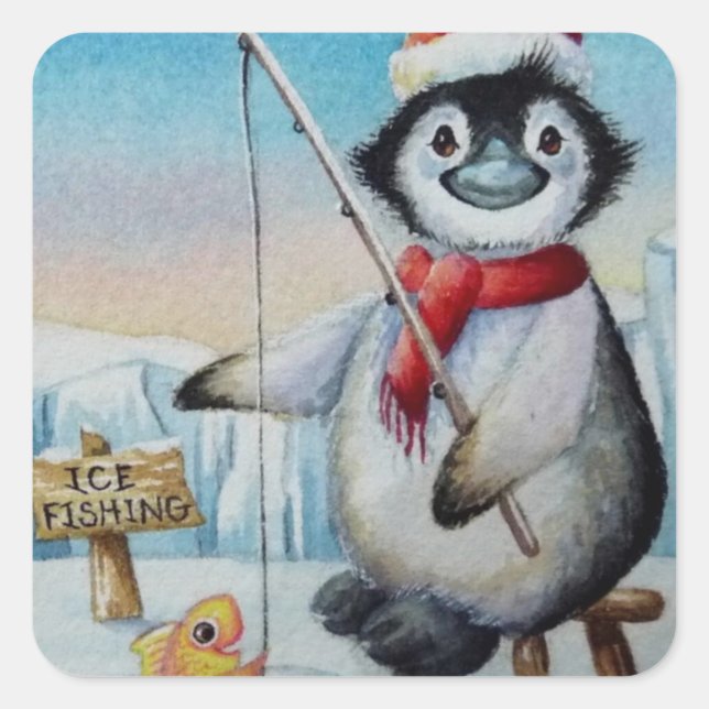 Whimsical Pinguin Ice Angeln Kunst, Dichtung und M Quadratischer Aufkleber (Vorderseite)